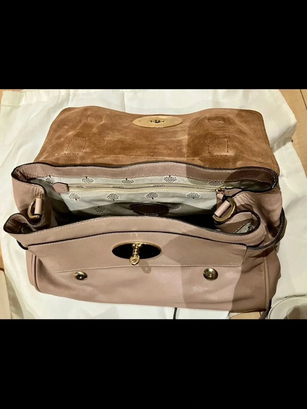 Mulberry Taupe Braided-Handle Satchel with Gold Hardware